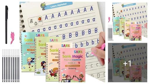 Sank Magic Practice Copybook, (4 BOOK + 10 REFILLS + 1-Pen +1-Grip) Number Tracing Book for Preschoolers with Pen, Magic Calligraphy Copybook Set Practical Reusable Writing Tool Simple Hand Lettering