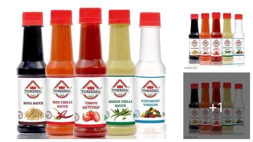 Tomezza Combo of 5 Sauces (Tomato Ketchup, Red Chilli Sauce, Green Chilli Sauce, Soya Sauce, and Synthetic Vinegar, 200g Each)