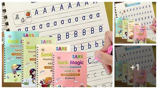 Sank Magic Practice Copybook, (4 BOOK + 10 REFILL+ 1 Pen +1 Grip) Number Tracing Book for Preschoolers with Pen, Magic Calligraphy Copybook Set Practical Reusable Writing Tool Simple Hand Lettering